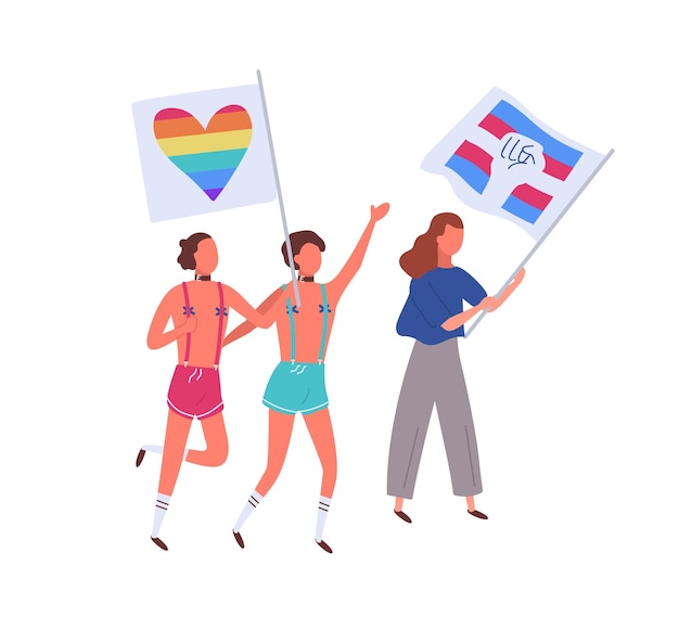 Les Gens Sur Le Défilé De La Fierté Tenant Des Drapeaux Arc-en-ciel Et Transgenres Isolés Sur Fond Blanc. Des Militants Lgbtq En Costumes Amusants Lors D'une Manifestation. Illustration Vectorielle En Style Cartoon Plat.