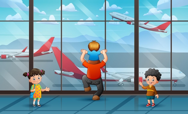 Gens De Dessin Animé Dans L'illustration De La Chambre De L'aéroport Avec Vue D'avion Depuis La Fenêtre En Verre
