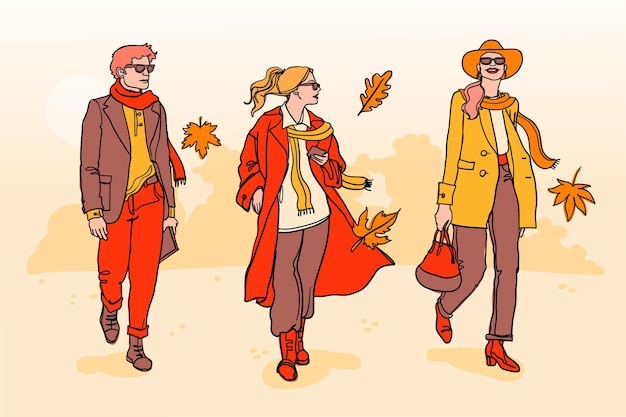 Gens Dessinés à La Main En Automne