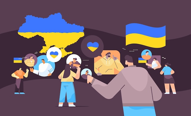 Les Gens Discutant Pendant La Réunion Prient Pour L'ukraine La Paix Sauve L'ukraine De La Russie Chat Bulle Communication Arrêter La Guerre Concept Illustration Vectorielle Horizontale