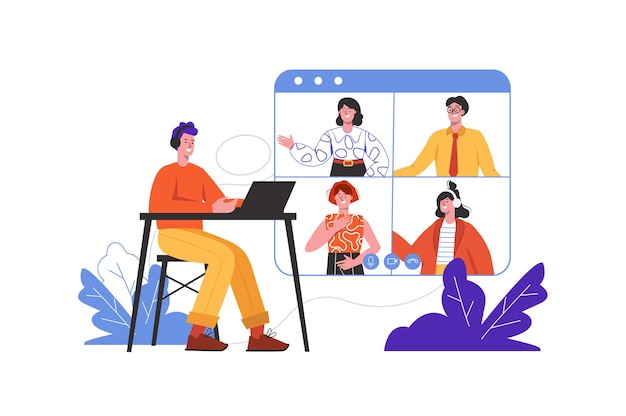 Les Gens Discutent Par Vidéo En Ligne. Hommes Et Femmes Parlant à La Scène De L'écran Isolés. Amitié à Distance, Communication Internet, Concept De Vidéoconférence D'entreprise. Illustration Vectorielle Au Design Plat Minimal