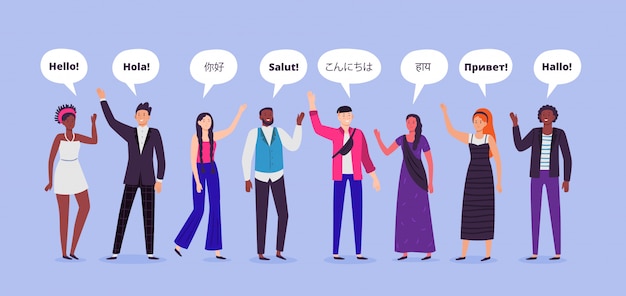 Les gens disent bonjour. Bonjour sur différentes langues, salutations aux personnes du monde et illustration des personnes communicantes