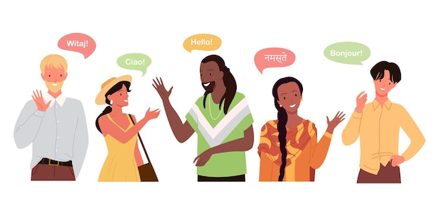 Vecteur les gens disent bonjour sur le concept global de communication internationale de différentes langues