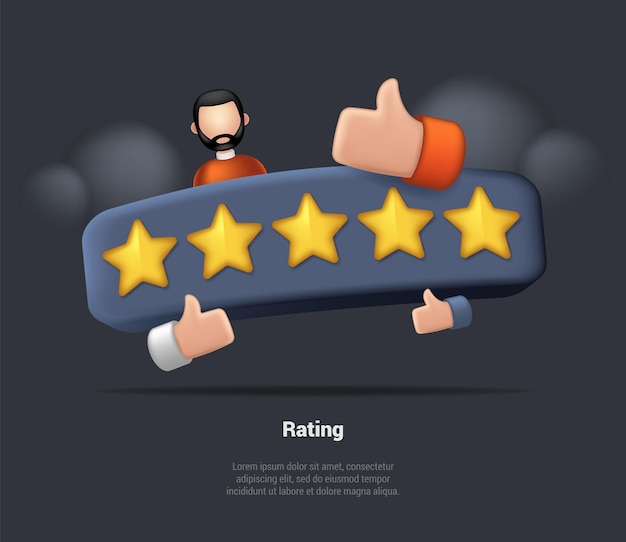 Les gens donnent des commentaires cinq étoiles Cinq étoiles avec bon et mauvais taux Client Avatatr avec Thumbs Up Review pour la qualité Commentaires de l'employé client Illustrations vectorielles de rendu 3D