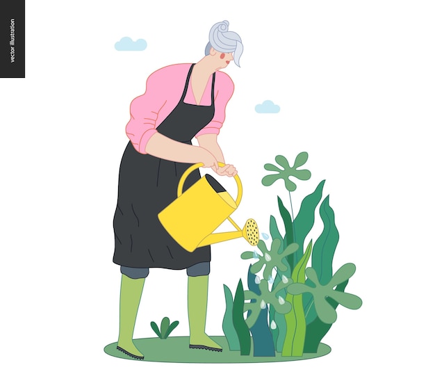 Vecteur les gens du jardinage printemps concept de vecteur plat moderne illustration d'une femme âgée portant des bottes en caoutchouc vert et un tablier noir arroser les plantes concept de jardinage printemps