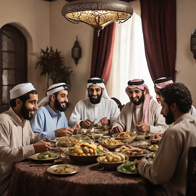 Vecteur des gens du moyen-orient mangeant à la table pendant le jeûne du ramadan