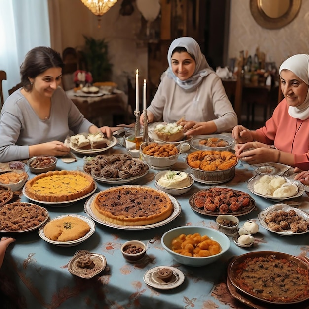 Vecteur des gens du moyen-orient mangeant à la table pendant le jeûne du ramadan