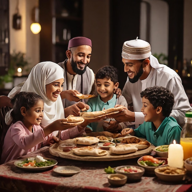 Vecteur des gens du moyen-orient mangeant à la table pendant le jeûne du ramadan