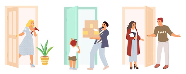 Les gens du vecteur entrent et sortent du décor de la scène.