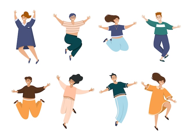 Des gens énergiques et heureux dans des poses libres définissent de jeunes hommes et femmes positifs volant dansant et sautant avec de l'esprit