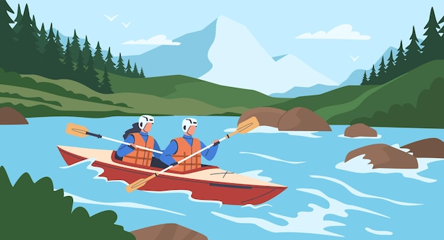 Vecteur les gens extrêmes rafting et kayak sport couple dans le bateau rivière orageuse libération d'adrénaline canoë athlètes homme et femme avec rames loisirs actifs concept de dessin animé vectoriel d'aujourd'hui