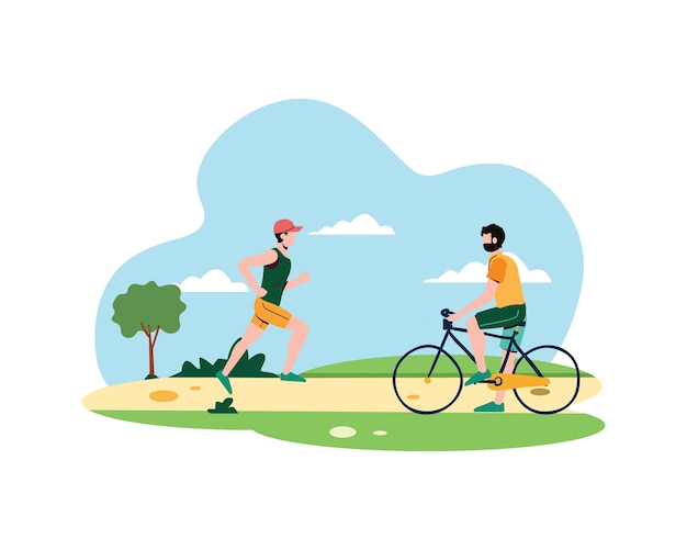 Des Gens Faisant Du Jogging Et Du Vélo Dans Le Parc. Concept De Style De Vie Sain.