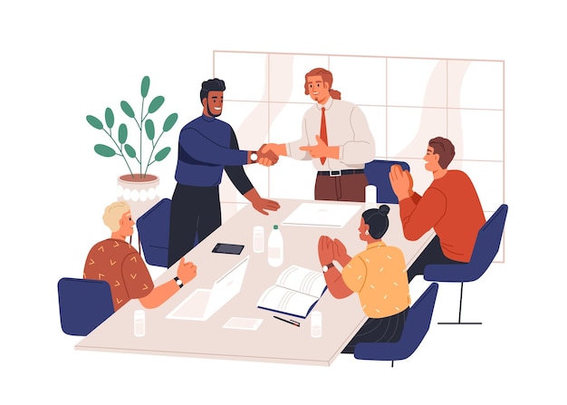 Les gens félicitent un collègue lors d'une réunion au bureau. Heureux gestionnaire de poignée de main partenaire d'affaires avec respect, équipe applaudissant. Notion de partenariat. Illustration vectorielle plane isolée sur fond blanc