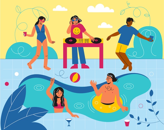 Vecteur les gens de la fête à la piscine des filles heureuses en bikini dansent et se détendent le dj joue de la musique électro et mélange des morceaux sur des platines événement disco zone de détente les personnes nagent et boivent des cocktails concept vectoriel