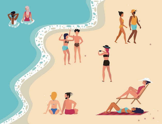 Les gens de la fête sur la plage s'amusent à dessiner une illustration d'affiche