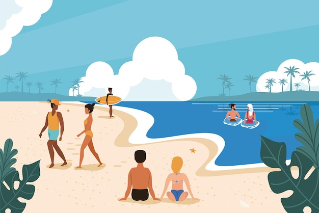 Les gens de la fête sur la plage s'amusent à dessiner xAholidays clipart illustration d'affiche