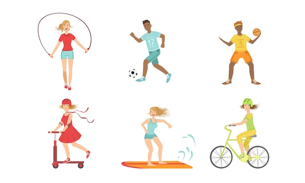 Vecteur les gens font différents types de sports set hockey soccer joueur de basket-ball surfeur cycliste filles sautant avec la corde conduite de scooter kick illustration vectorielle