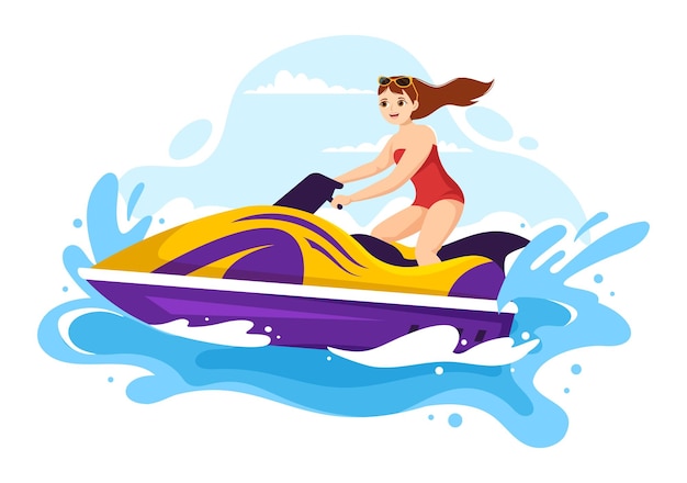 Les gens font du jet ski Illustration Vacances d'été Loisirs et activité de plage dessinés à la main