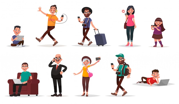 Les gens et les gadgets. Ensemble d'enfants, de jeunes et d'adultes avec leurs appareils mobiles.