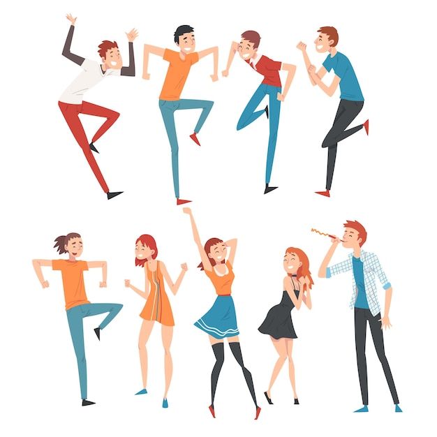 Des gens heureux célébrant l'événement des jeunes hommes et femmes souriants dansant à l'illustration vectorielle de la fête