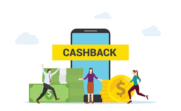 Les gens heureux de concept de cashback obtiennent une remise en argent en achetant en ligne sur des applications de smartphone design plat moderne de commerce électronique.
