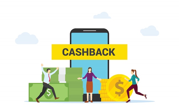 Les Gens Heureux De Concept De Cashback Obtiennent Une Remise En Argent En Achetant En Ligne Sur Des Applications De Smartphone Design Plat Moderne De Commerce électronique.