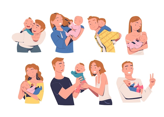 Des gens heureux avec leurs bébés. Maman et papa étreignant et caressant le nouveau-né exprimant l'amour et les soins. Illustration vectorielle de dessin animé