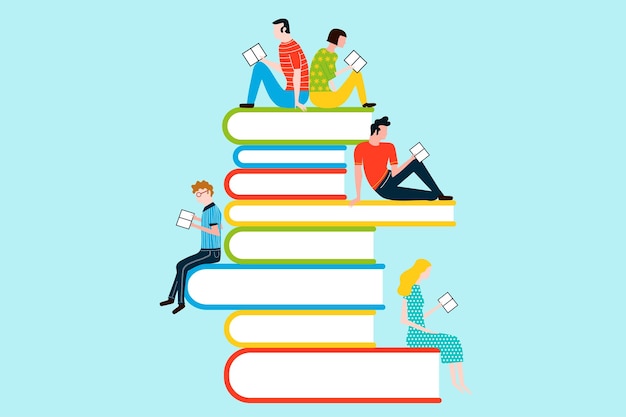 Gens heureux lisant sur la tour des livres vector illustration colorée isolée sur fond