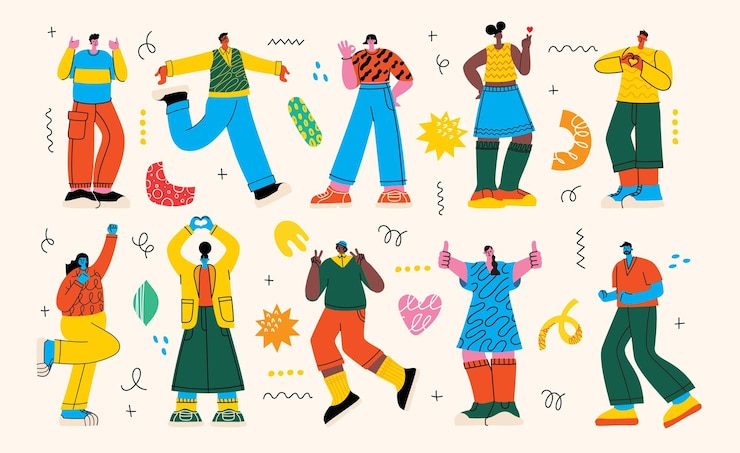Vecteur les gens heureux positifs équipe d'hommes et de femmes faisant des gestes avec les mains doigts amour soutien solidarité