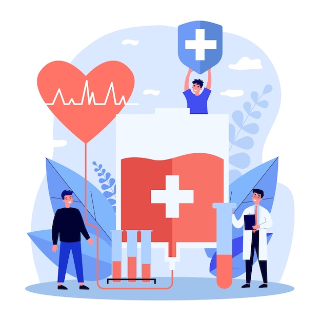 Des gens heureux qui donnent du sang. Médecin, échantillons de laboratoire, sac pour transfusion