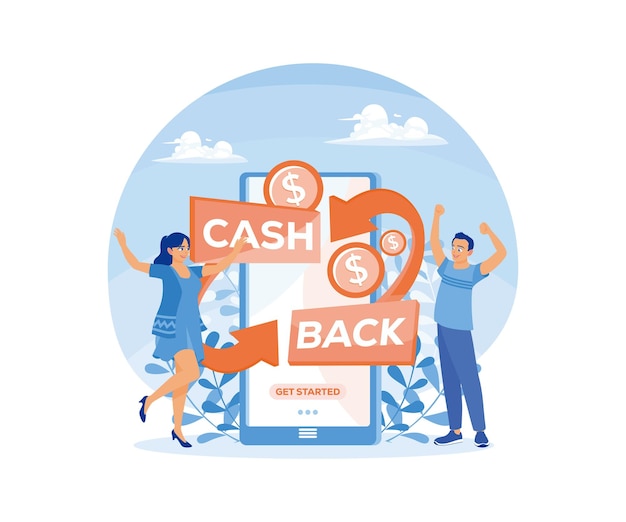 Les gens heureux reçoivent des remboursements en ligne Obtenez des réductions lors de vos achats Concept de remboursement Illustration vectorielle plate