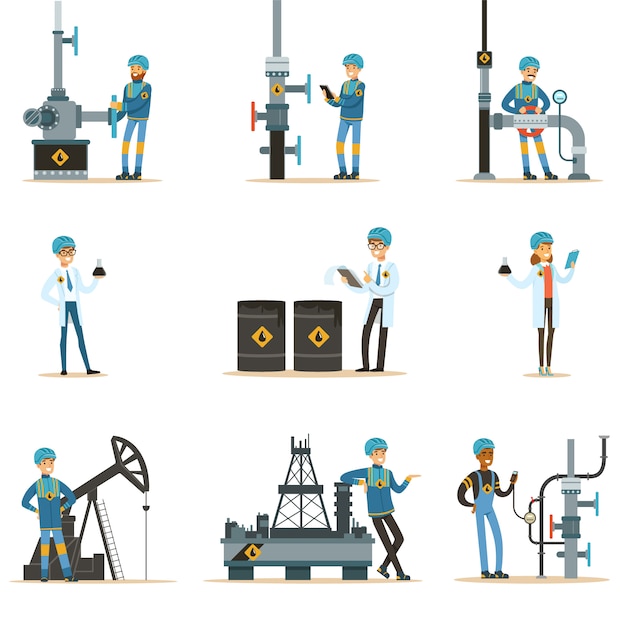 Des gens heureux travaillant dans l'industrie pétrolière Ensemble de personnages de dessins animés travaillant sur le pipeline et les machines d'extraction de pétrole