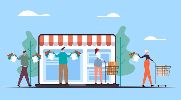 Gens homme femme personnages faisant des achats et portant des sacs. Concept de magasinage web internet en ligne.