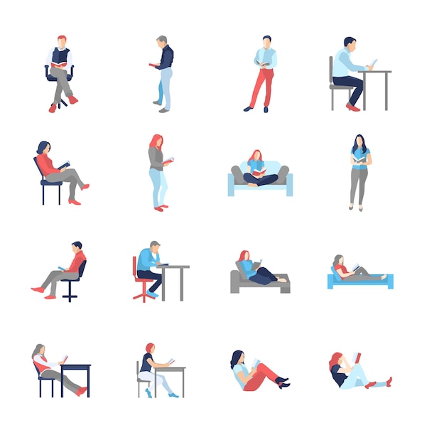 Gens, hommes, femmes, dans différentes poses de lecture commune occasionnelle - ensemble d'icônes isolé design plat moderne. Tenir le livre, lire, penser, au bureau, sur la chaise, canapé
