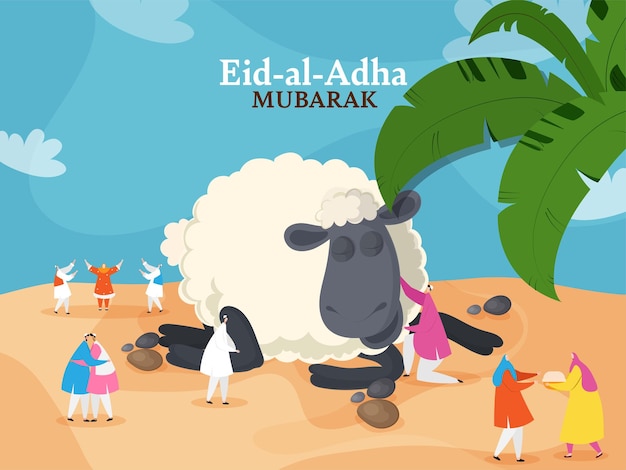 Les Gens Islamiques De Dessin Animé Célèbrent Les Uns Avec Les Autres Et Les Moutons Sur Fond Bleu Et Pêche Pour L'aïd Al Adha Moubarak