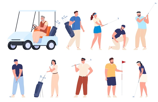 Les Gens Jouent Au Golf Les Joueurs Masculins Et Féminins Frappent La Balle Avec Un Club De Golf Pour Frapper Le Trou Illustration Vectorielle