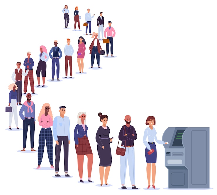 Vecteur les gens en ligne atm. les personnages masculins et féminins dans la file d'attente attendent la transaction du terminal, la ligne de paiement bancaire à l'illustration de la machine atm. ligne courbe vers guichet automatique, paiement bancaire près du terminal