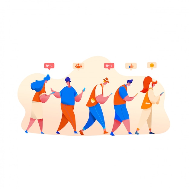 les gens en ligne regardant téléphone avec emoji de réseau social, sourires et s.