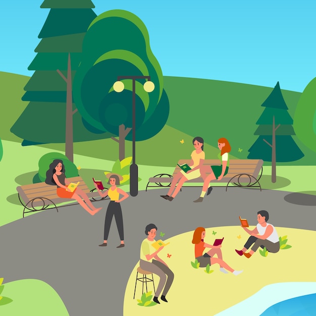 Les gens lisent un livre dans le parc. Collection d'hommes et de femmes qui lisent en plein air. Étude de personne.