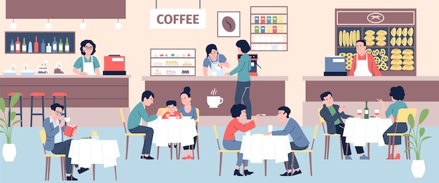 Les gens mangent et boivent dans la salle à manger Les étals de nourriture avec des pâtisseries et des gâteaux de café Les familles et les personnes seules dans le café Scène vectorielle récente
