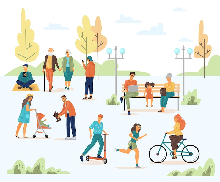 Vecteur les gens marchant dans le parc de la ville sur la rue d'été