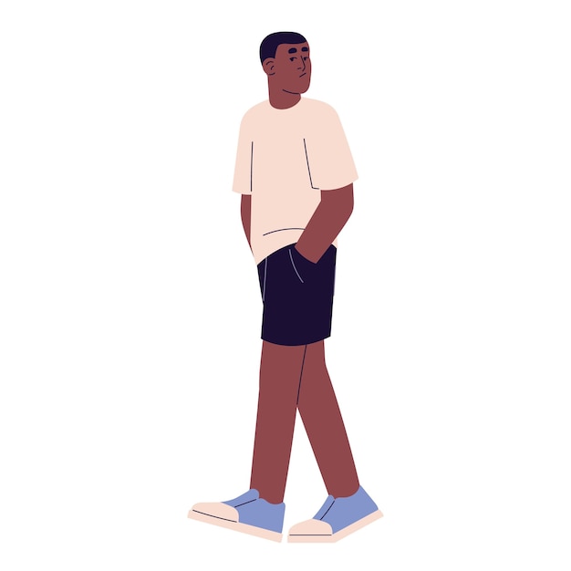 Vecteur gens marchant dans la solitude jeune homme noir portant des vêtements surdimensionnés se promenant avec les mains dans les poches garçon en tenue décontractée personne en look urbain illustration vectorielle plate isolée sur blanc