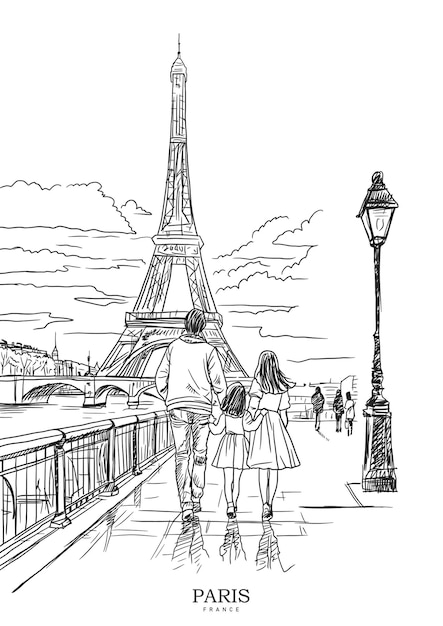 Les gens marchant avec enthousiasme vers l'illustration de voyage de croquis de vecteur de tour Eiffel historique