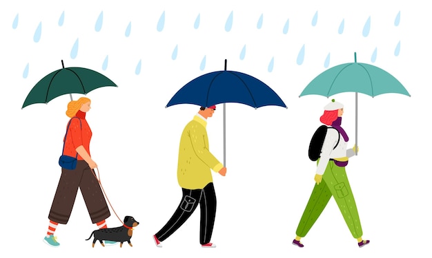 Les Gens Marchant Sous La Pluie. Temps D'automne, Homme Femme Avec Illustration Vectorielle Parapluie