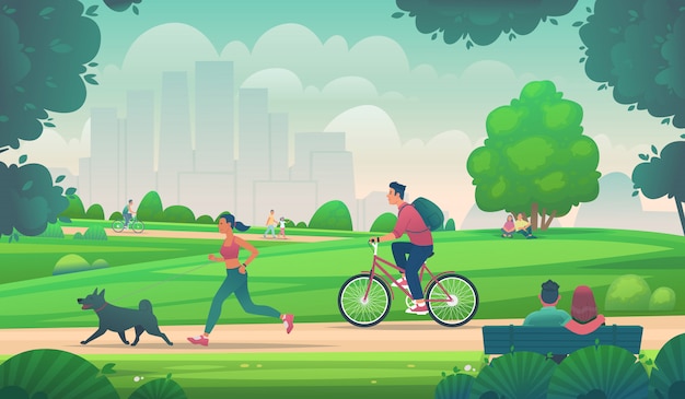 Vecteur les gens marchent, courent et font du vélo dans un parc de la ville. mode de vie actif en milieu urbain. loisirs de plein air. illustration vectorielle en style cartoon