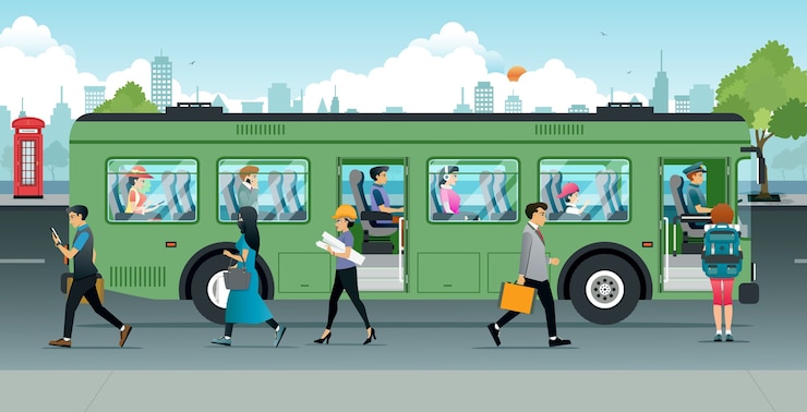 Vecteur les gens montaient et descendaient du bus