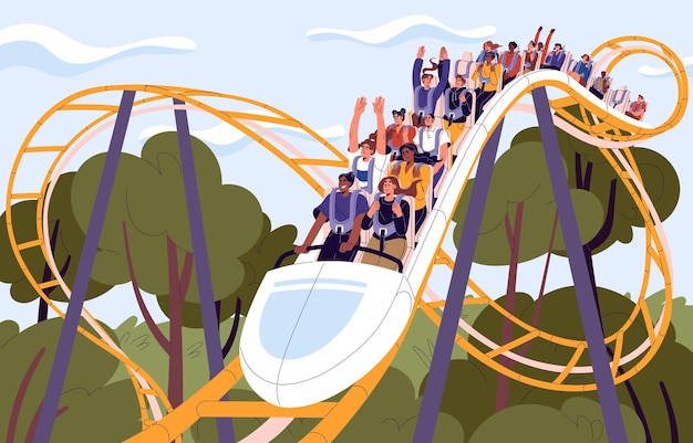 Vecteur les gens montent sur des montagnes russes des vacances amusantes dans des attractions de divertissement extrêmes de parc d'attractions donnent un cri de joie heureux excité aux hommes femmes vacances d'été avec compagnie illustration vectorielle plane