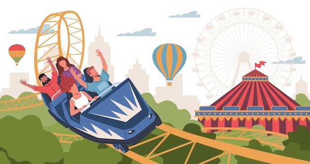 Les gens montent sur des montagnes russes, les visiteurs du parc d'attractions dans des remorques courent le long des rails, le carrousel extrême, les émotions positives, les montagnes russe, l'illustration plate de dessin animé, le concept vectoriel actuel.