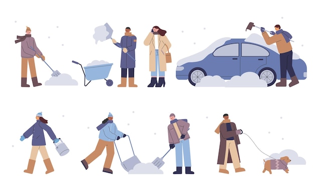Vecteur les gens nettoient la neige avec des pelles dans une rue enneigée. illustration vectorielle plane.