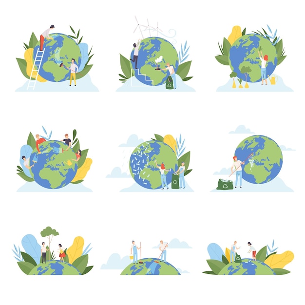Les Gens Nettoient La Planète Terre Et Collectent Les Déchets Plastiques Set De Bénévoles Qui S'occupent De L'écologie De La Planète Environnement Protection De La Nature Illustration Vectorielle Plate
